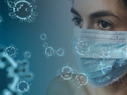 woman in mask with covid-19 virus overlay