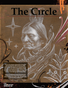 Cover of The Circle Summer 2026 issue featuring a sepia-toned portrait illustration of Hunkpapa Lakota leader Sitting Bull, surrounded by Indigenous-inspired floral and geometric artwork and a buffalo skull. The background includes faint historical text, and the cover highlights the 150th anniversary of the Battle of the Little Bighorn. Original cover art by Willard Malebear Jr.