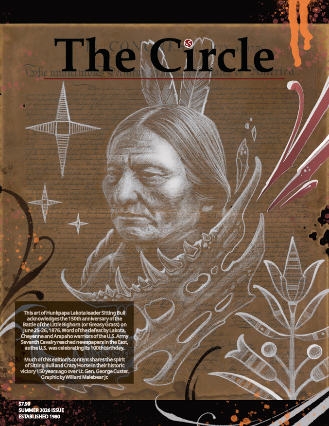 Cover of The Circle Summer 2026 issue featuring a sepia-toned portrait illustration of Hunkpapa Lakota leader Sitting Bull, surrounded by Indigenous-inspired floral and geometric artwork and a buffalo skull. The background includes faint historical text, and the cover highlights the 150th anniversary of the Battle of the Little Bighorn. Original cover art by Willard Malebear Jr.